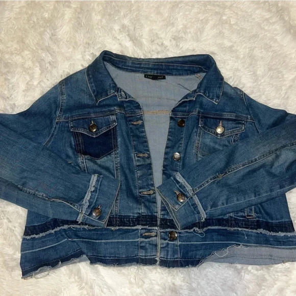 Lane Bryant Denim Jean Jacket Color block Patchwork pattern size 20 Petite crop - Picture 3 of 5